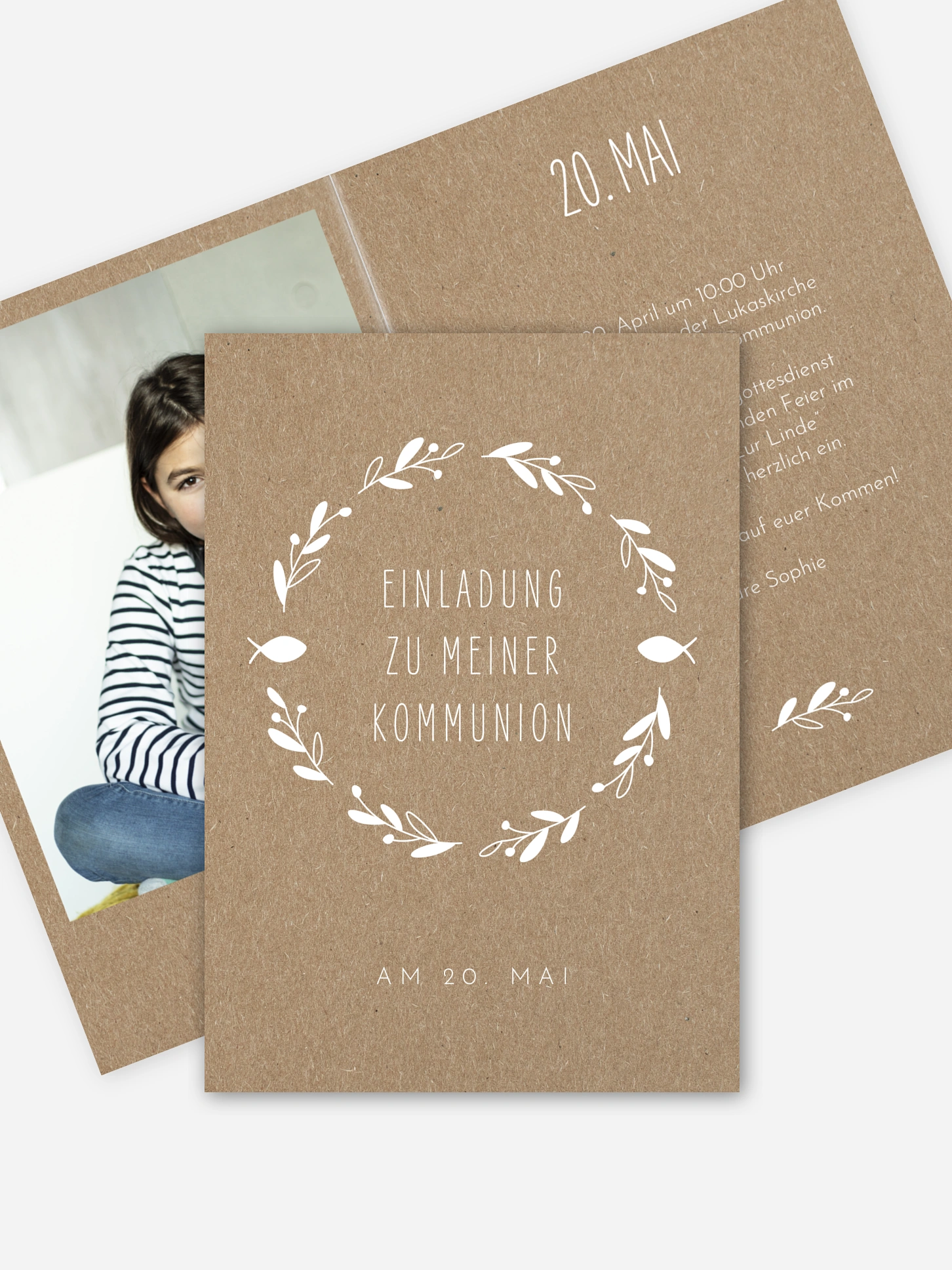 Kommunionseinladung Floral Wreath Kraftpapier