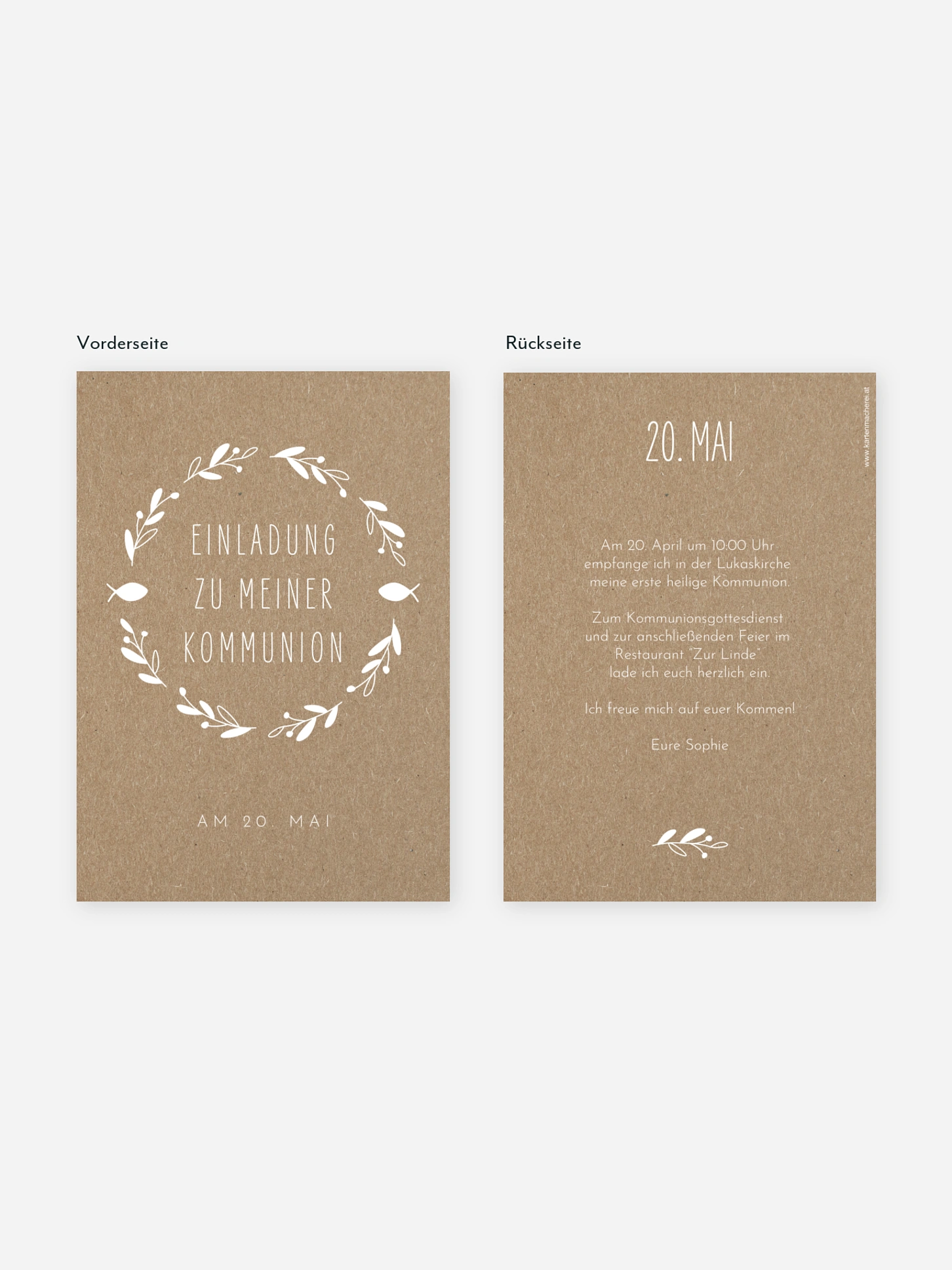 Kommunionseinladung Floral Wreath Kraftpapier
