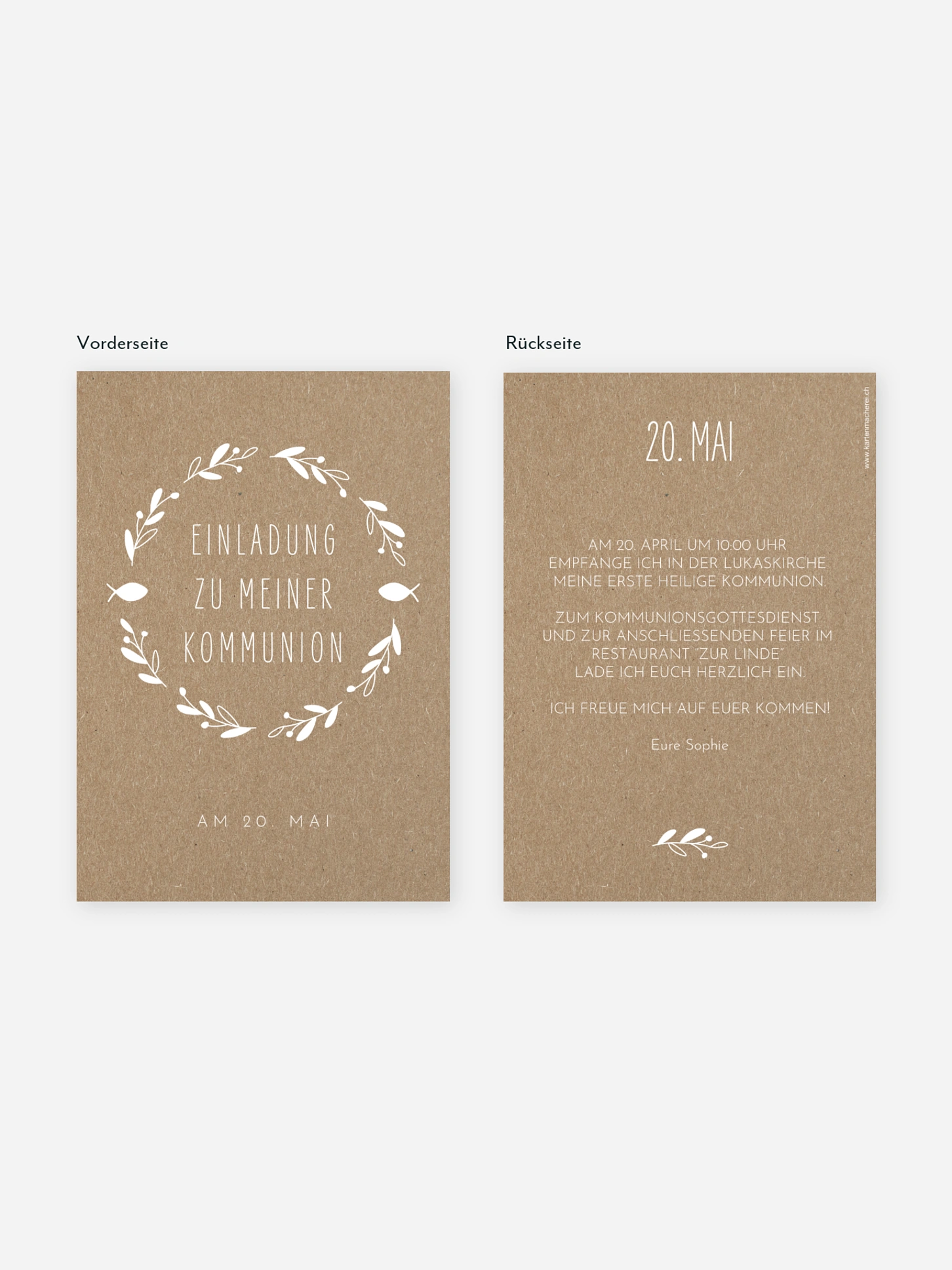 Kommunionseinladung Floral Wreath Kraftpapier