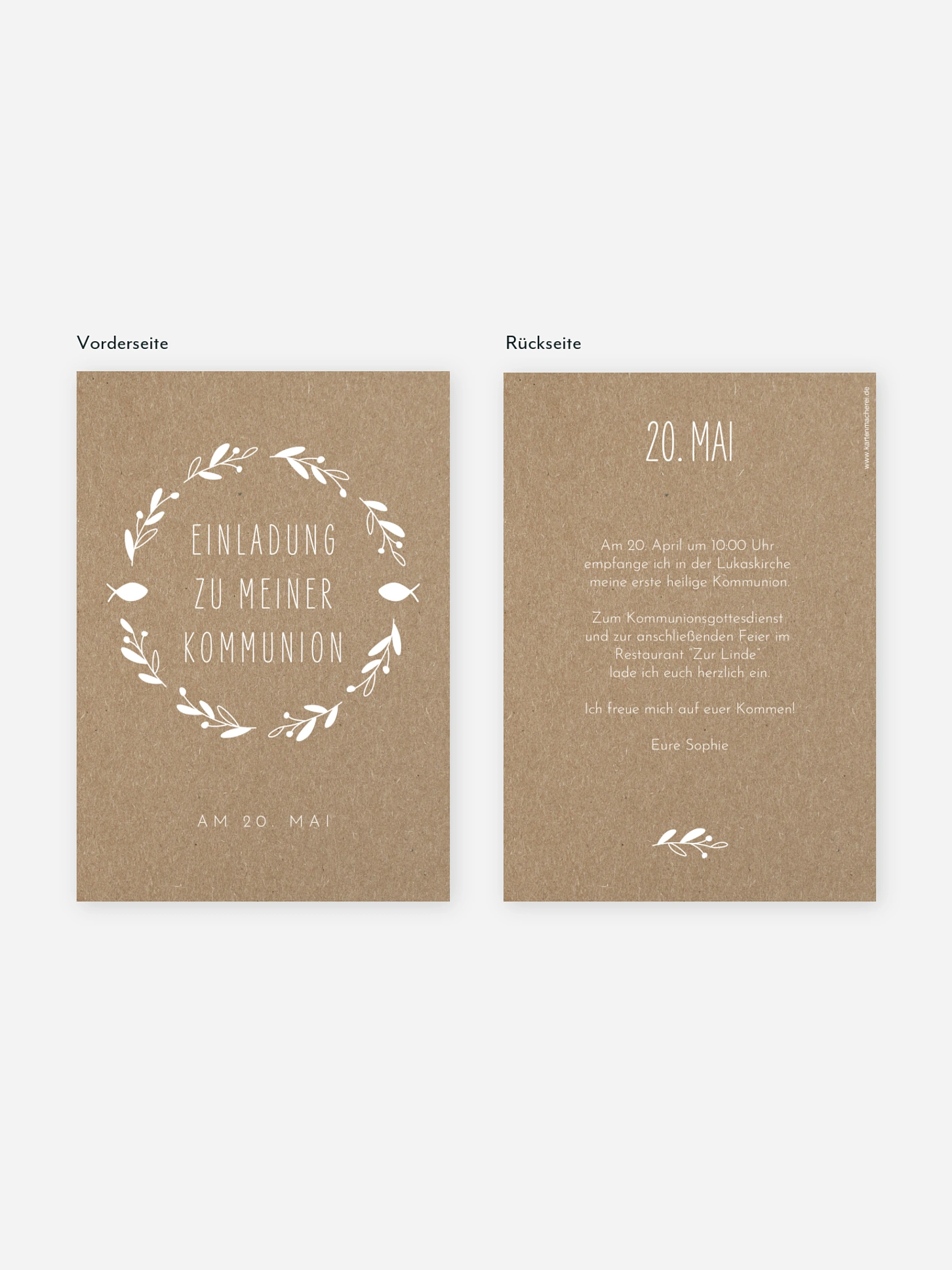 Kommunionseinladung Floral Wreath Kraftpapier