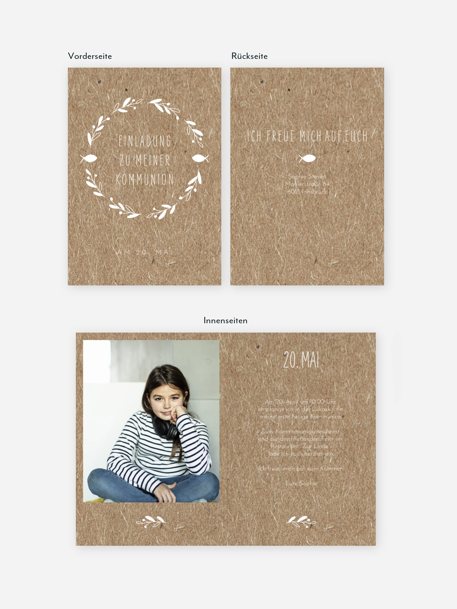 Kommunionseinladung Floral Wreath Kraftpapier