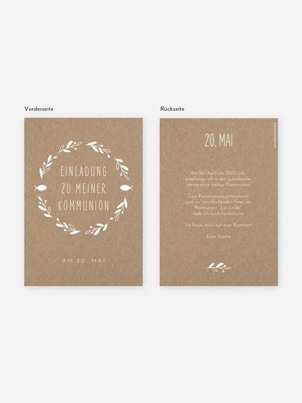 Kommunionseinladung Floral Wreath Kraftpapier