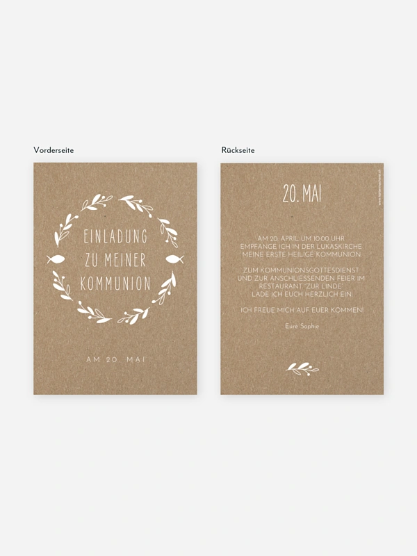 Kommunionseinladung Floral Wreath Kraftpapier