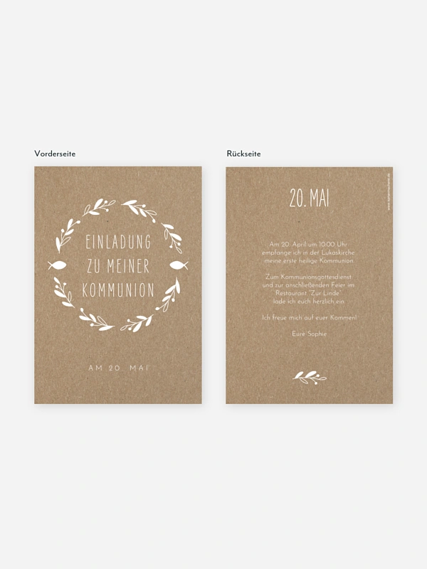 Kommunionseinladung Floral Wreath Kraftpapier