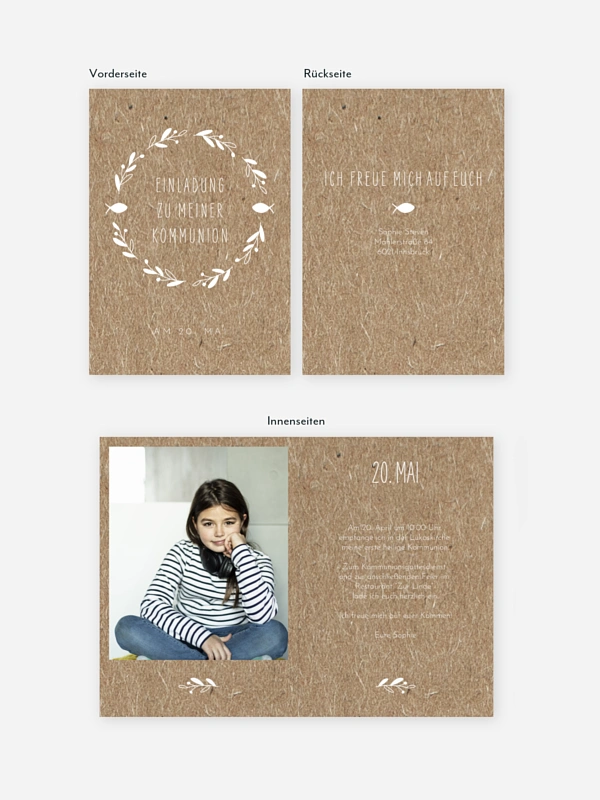 Kommunionseinladung Floral Wreath Kraftpapier
