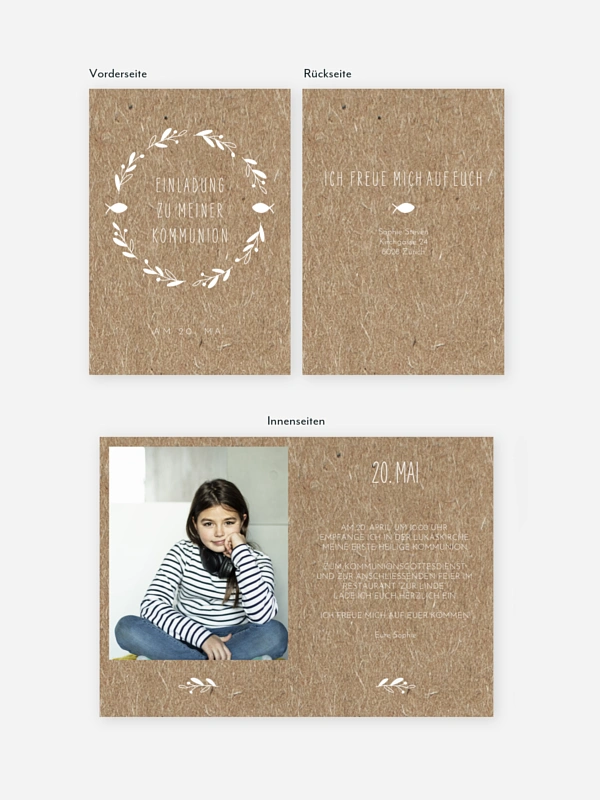 Kommunionseinladung Floral Wreath Kraftpapier