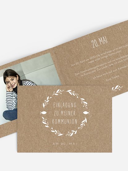 Kommunionseinladung Floral Wreath Kraftpapier