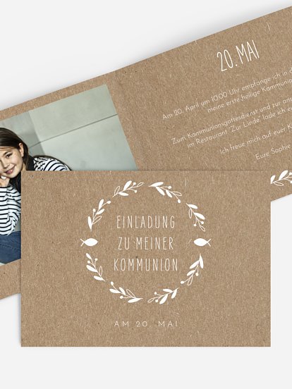 Kommunionseinladung Floral Wreath Kraftpapier