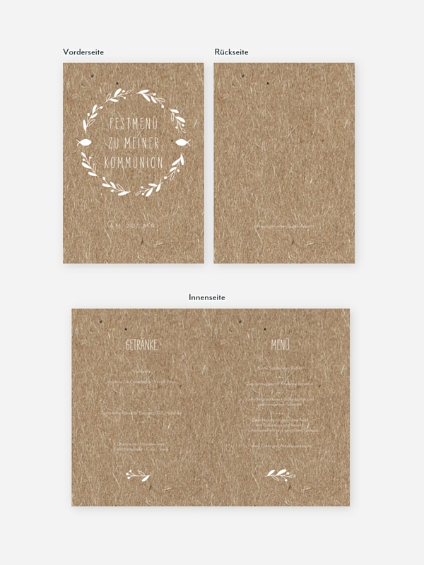 Menükarte Kommunion Floral Wreath Kraftpapier