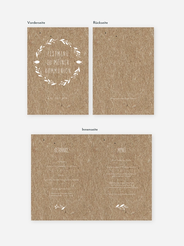 Menükarte Kommunion Floral Wreath Kraftpapier
