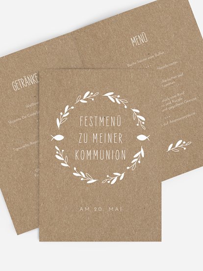 Menükarte Kommunion Floral Wreath Kraftpapier