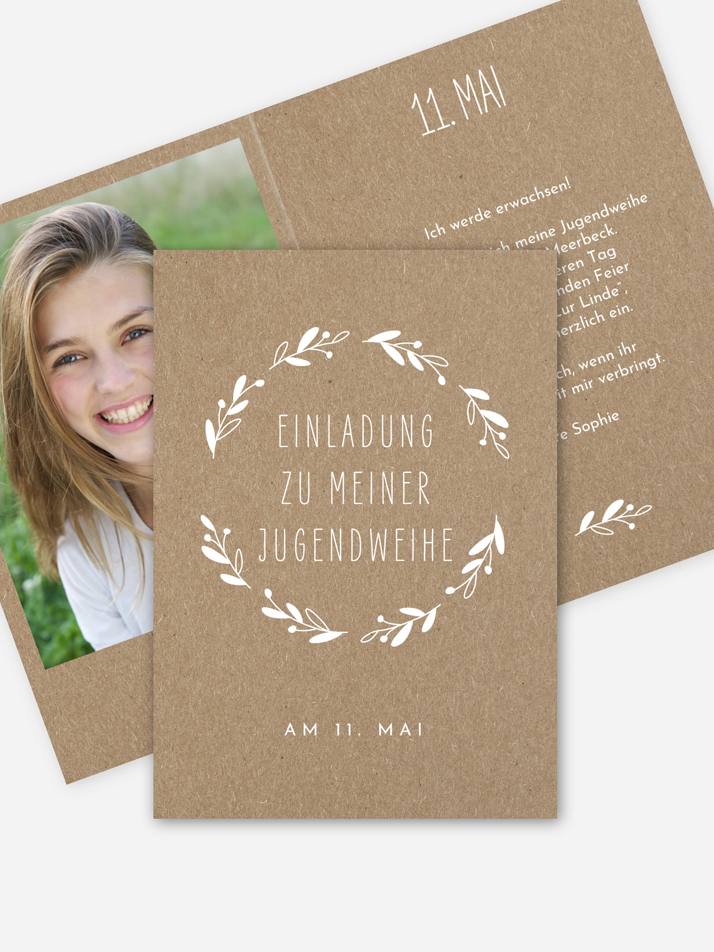 Einladung Jugendweihe Floral Wreath Kraftpapier
