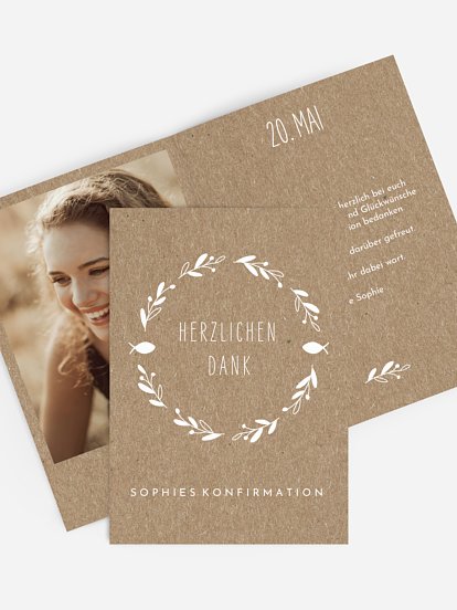Danksagung Konfirmation Floral Wreath Kraftpapier