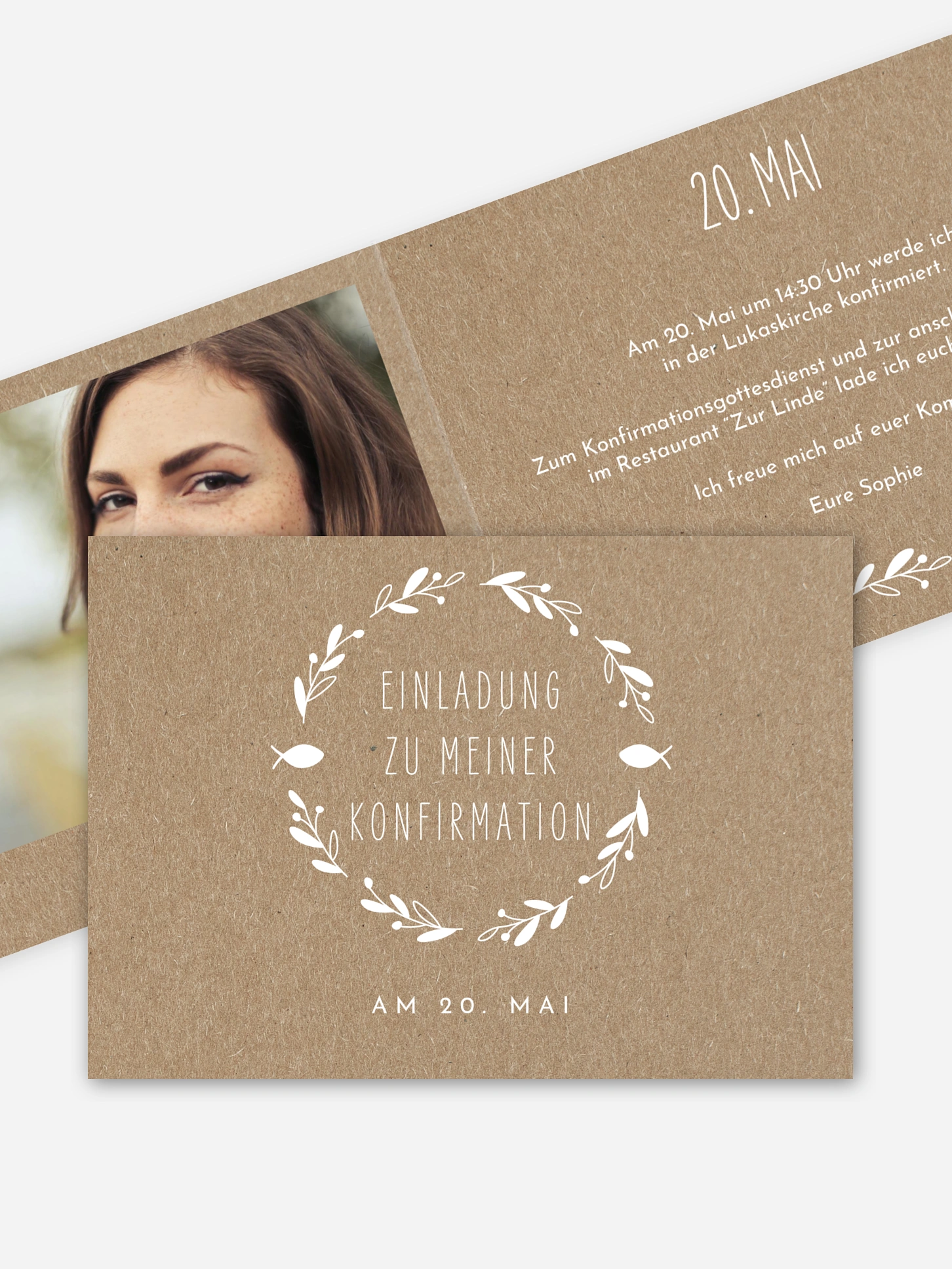 Konfirmationseinladung Floral Wreath Kraftpapier