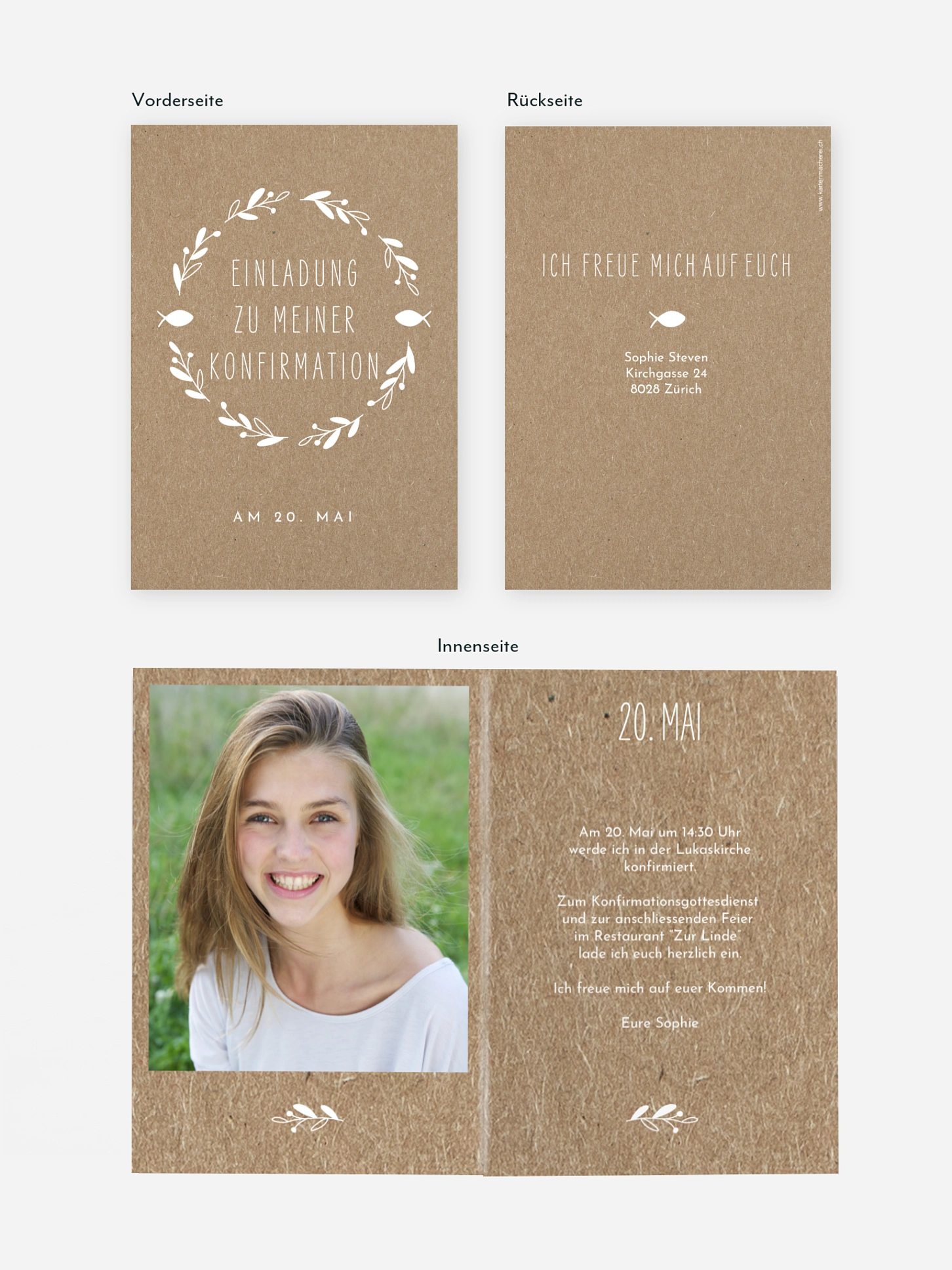 Konfirmationseinladung Floral Wreath Kraftpapier