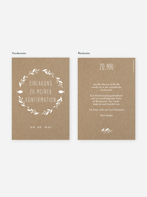 Konfirmationseinladung Floral Wreath Kraftpapier