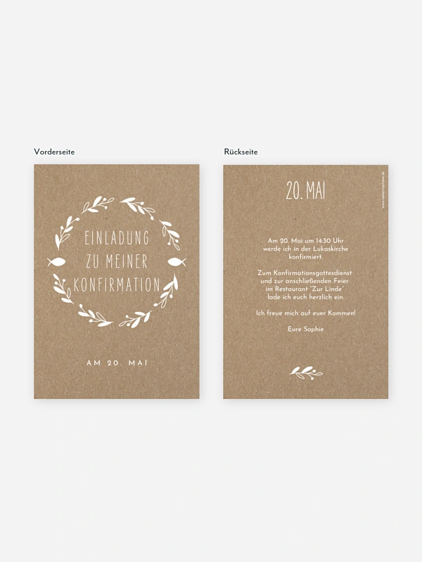Konfirmationseinladung Floral Wreath Kraftpapier
