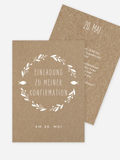 Konfirmationseinladung Floral Wreath Kraftpapier
