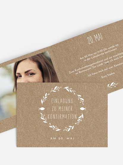 Konfirmationseinladung Floral Wreath Kraftpapier