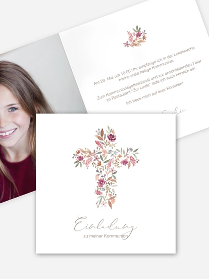 Kommunionseinladung Blütenkreuz