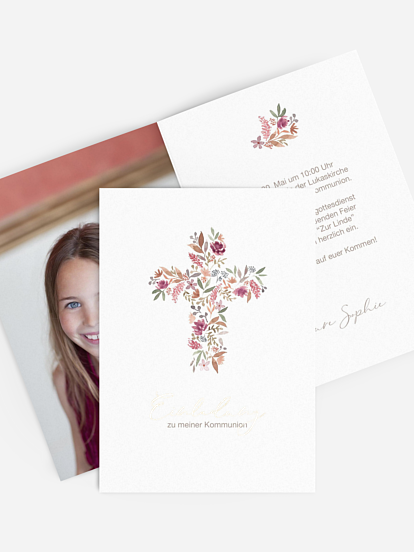 Kommunionseinladung Blütenkreuz