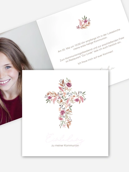 Kommunionseinladung Blütenkreuz
