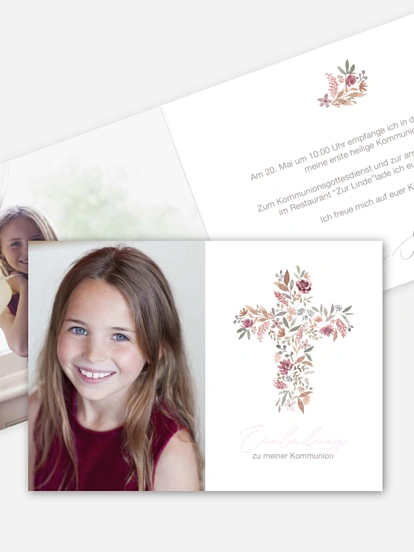 Kommunionseinladung Blütenkreuz
