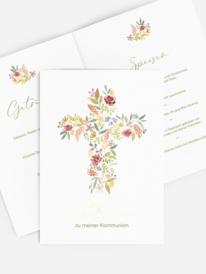 Menükarte Kommunion Blütenkreuz