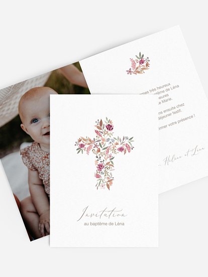 Faire-part baptême Croix fleurie