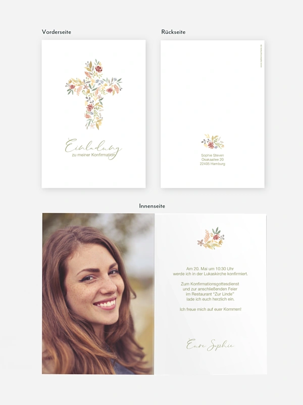Konfirmationseinladung Blütenkreuz