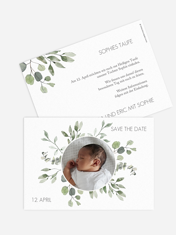 Taufeinladung Save the Date Eucalyptus