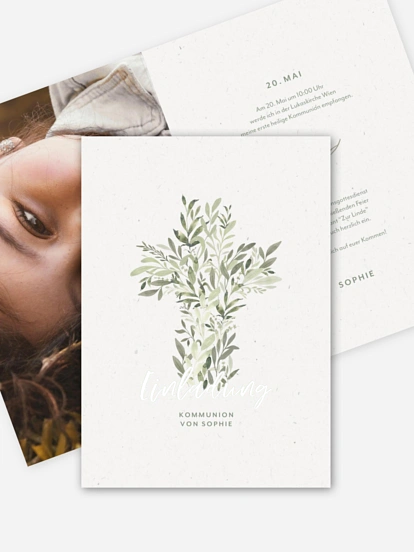 Kommunionseinladung Greenery Cross