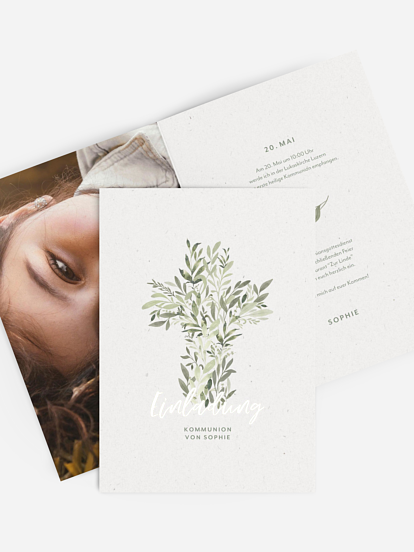 Kommunionseinladung Greenery Cross