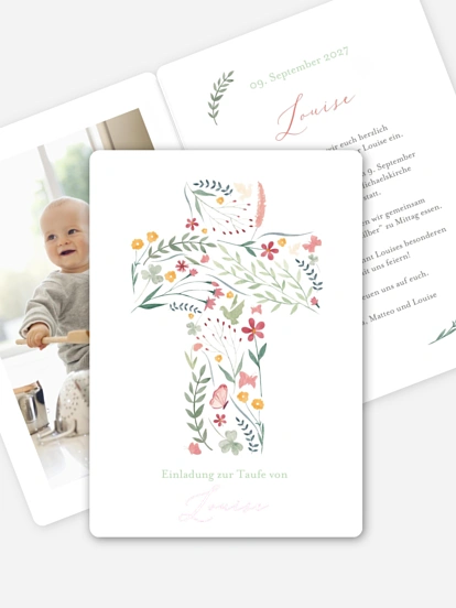Taufeinladung Blumenkreuz
