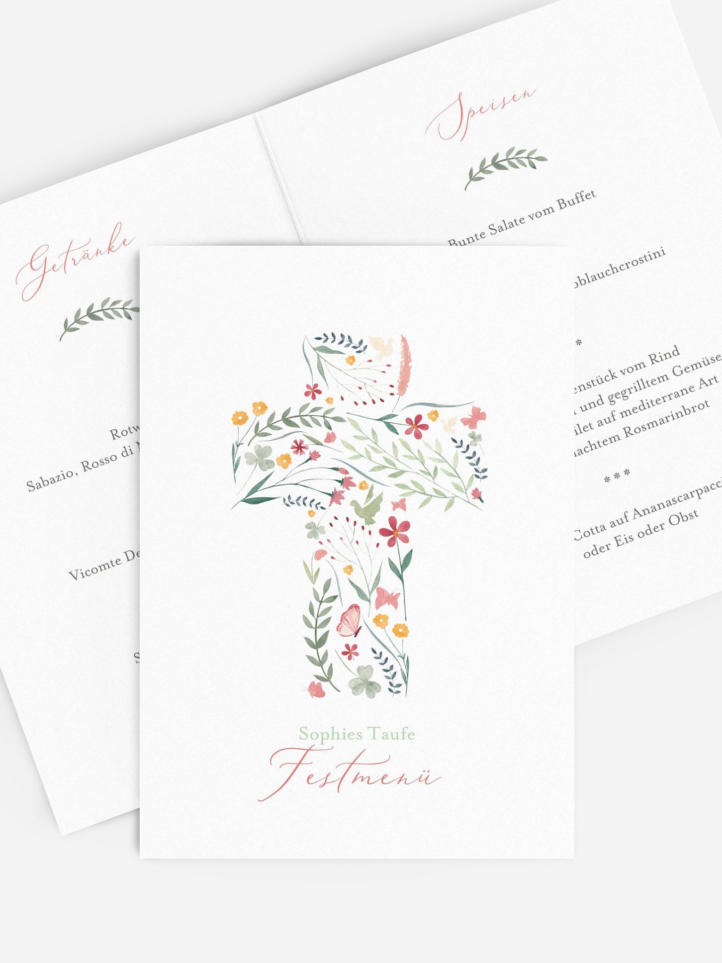 Menükarte Taufe Blumenkreuz