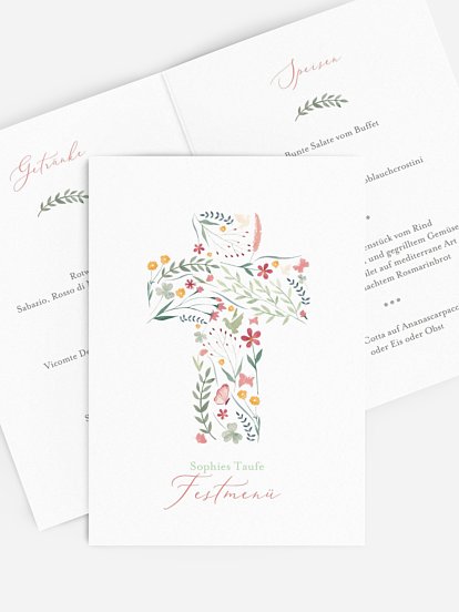 Menükarte Taufe Blumenkreuz