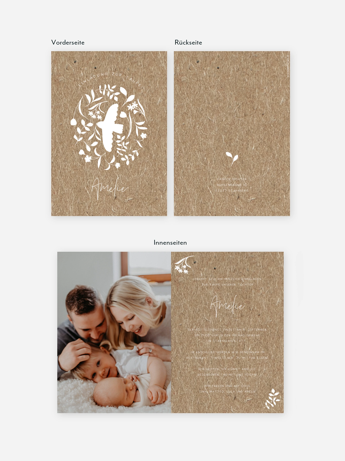 Taufeinladung Flower Dove Kraftpapier