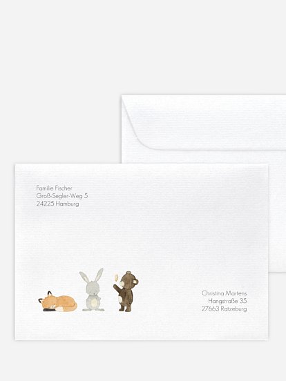 Bedruckte Umschläge Geburt Tierchen Trio