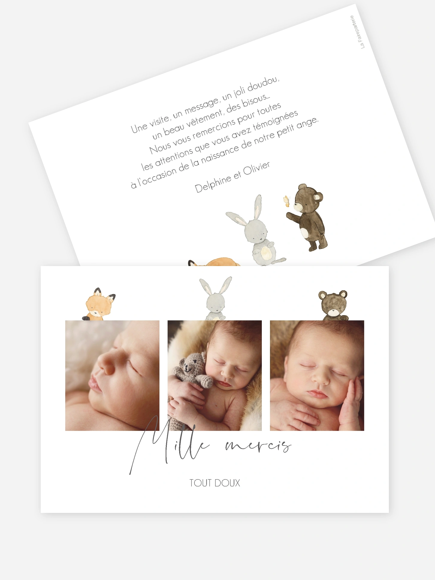 Carte remerciement naissance Trio animaux