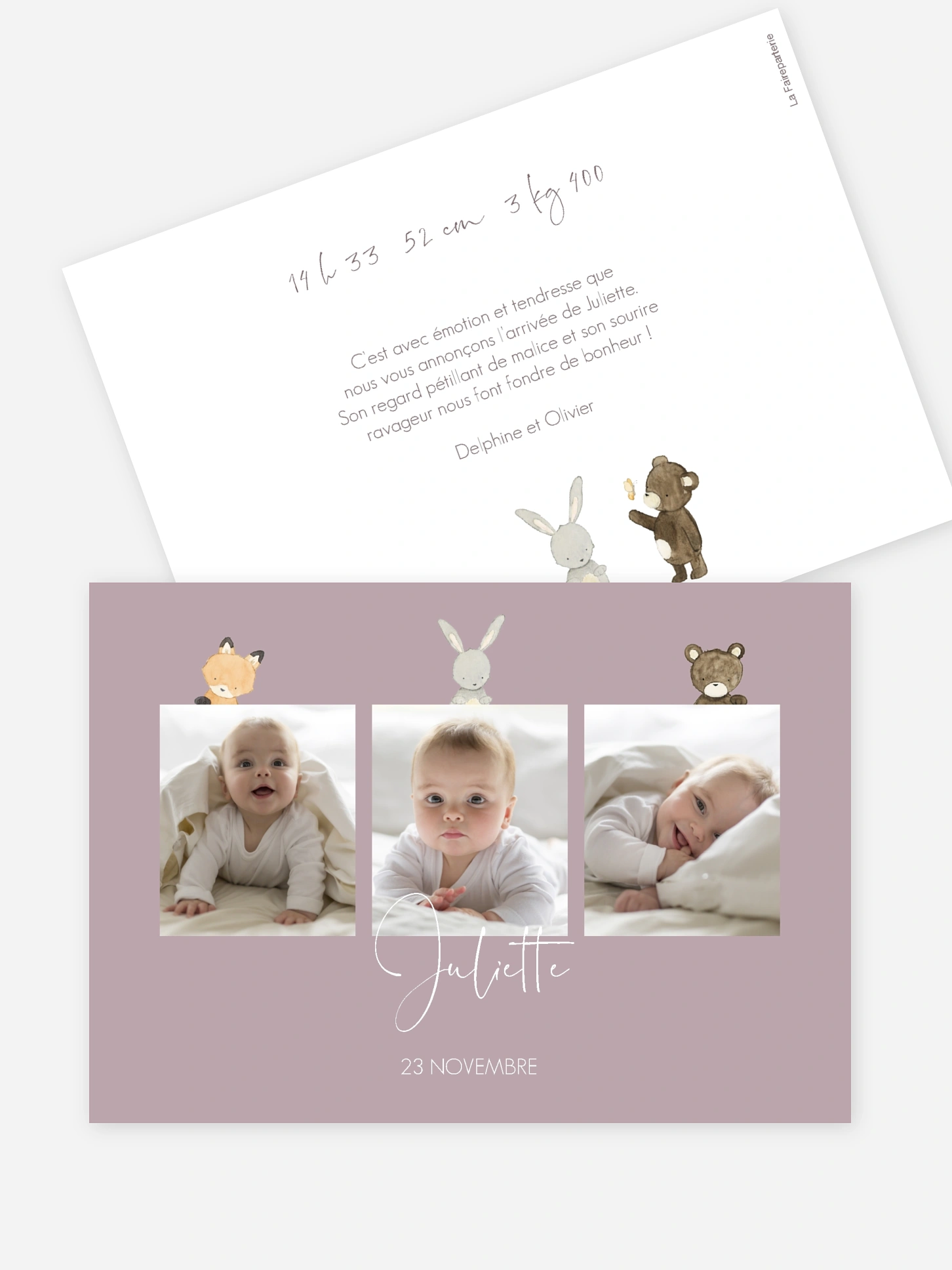 Faire-part naissance Trio animaux