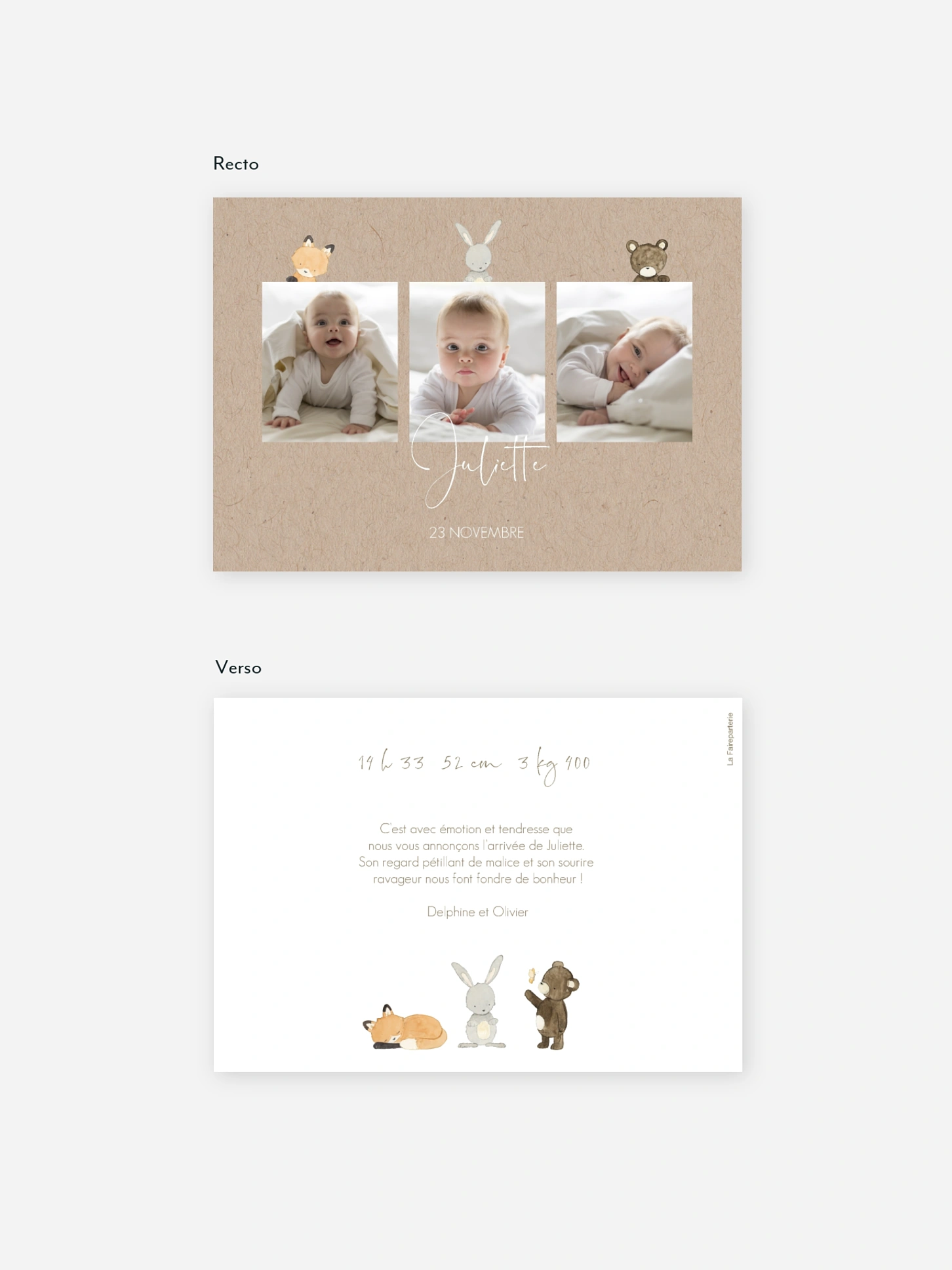 Faire-part naissance Trio animaux