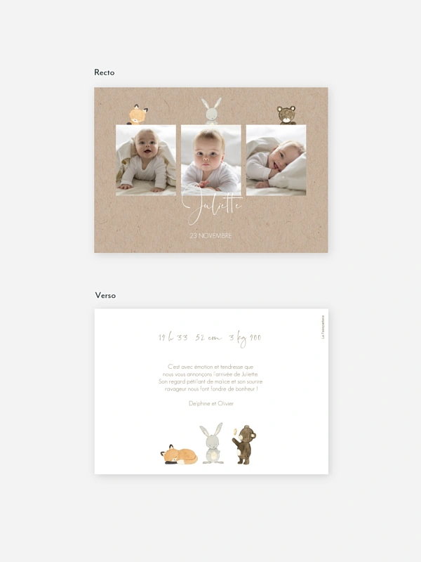 Faire-part naissance Trio animaux