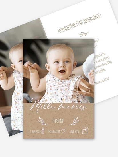 Carte remerciement baptême Natural