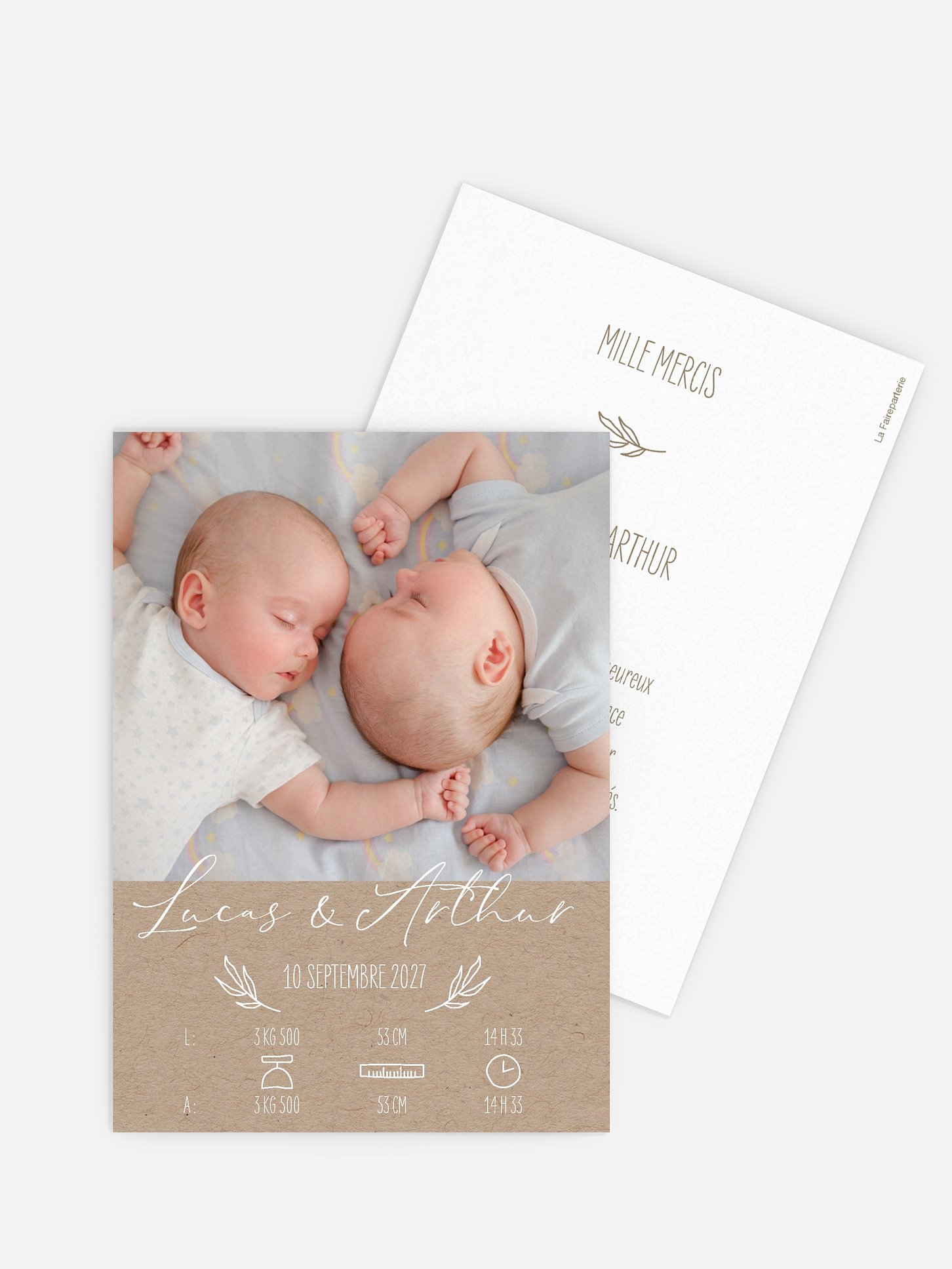 Faire-part naissance jumeaux Natural