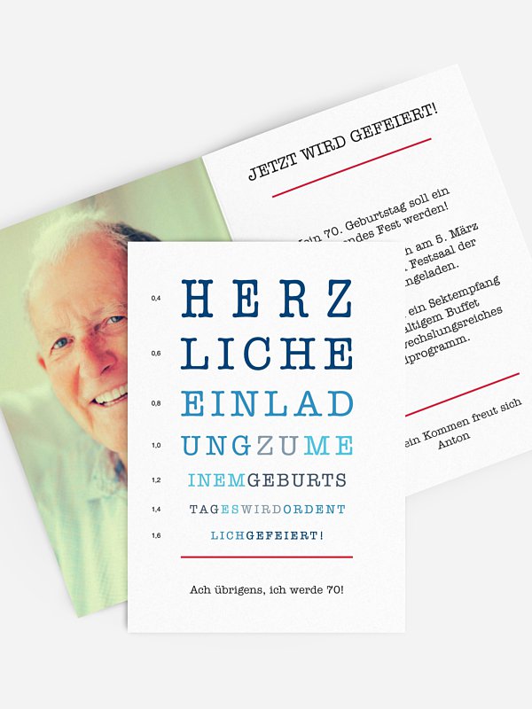 Einladung 70. Geburtstag Sehtest