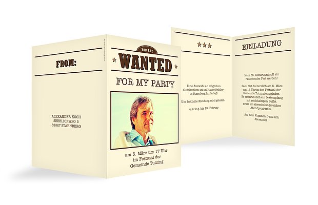 Geburtstagseinladung Wanted beige 0300200001de_DE