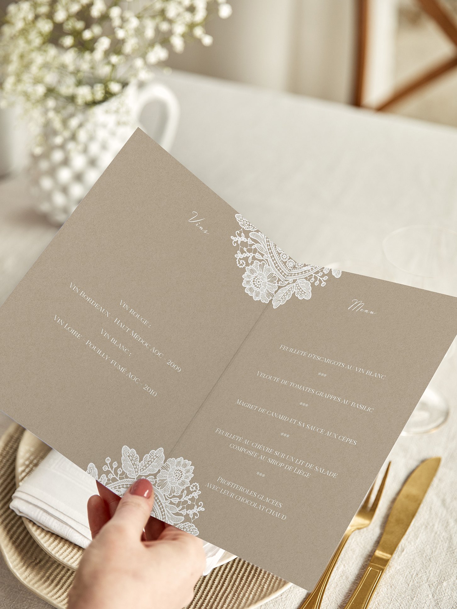 Menu mariage Dentelle vintage