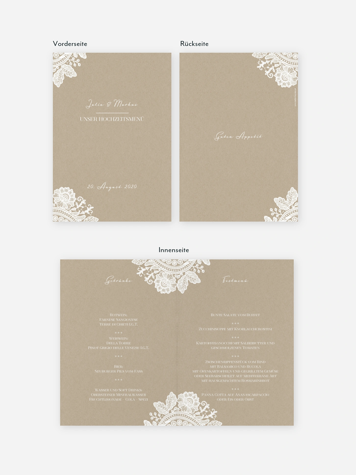 Menükarte Hochzeit Vintage Lace