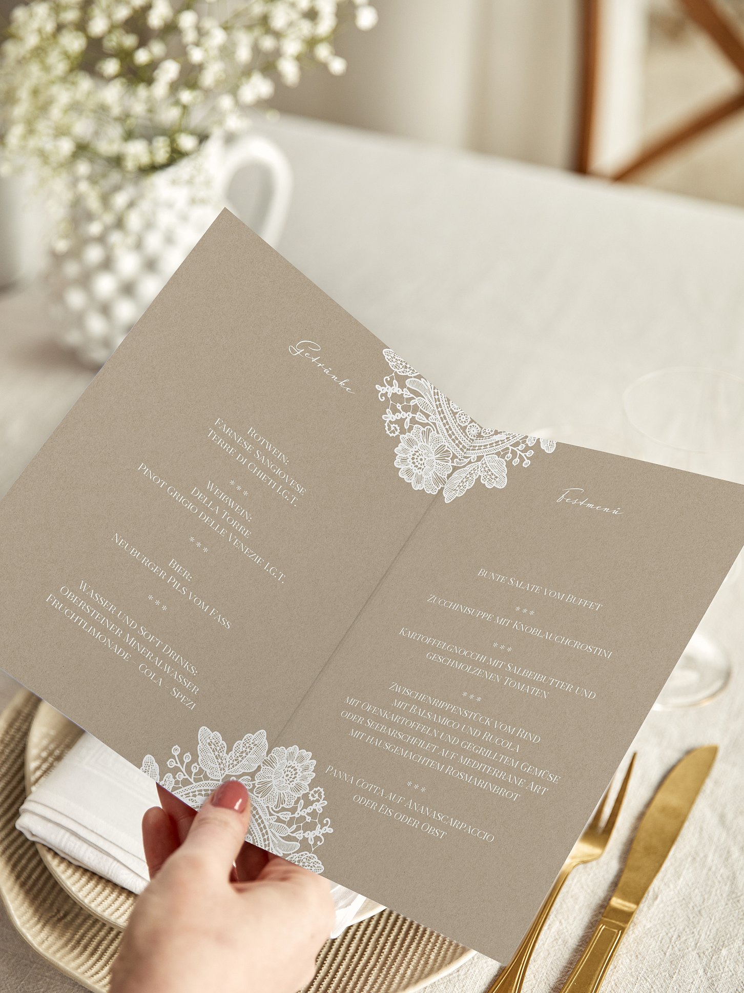 Menükarte Hochzeit Vintage Lace