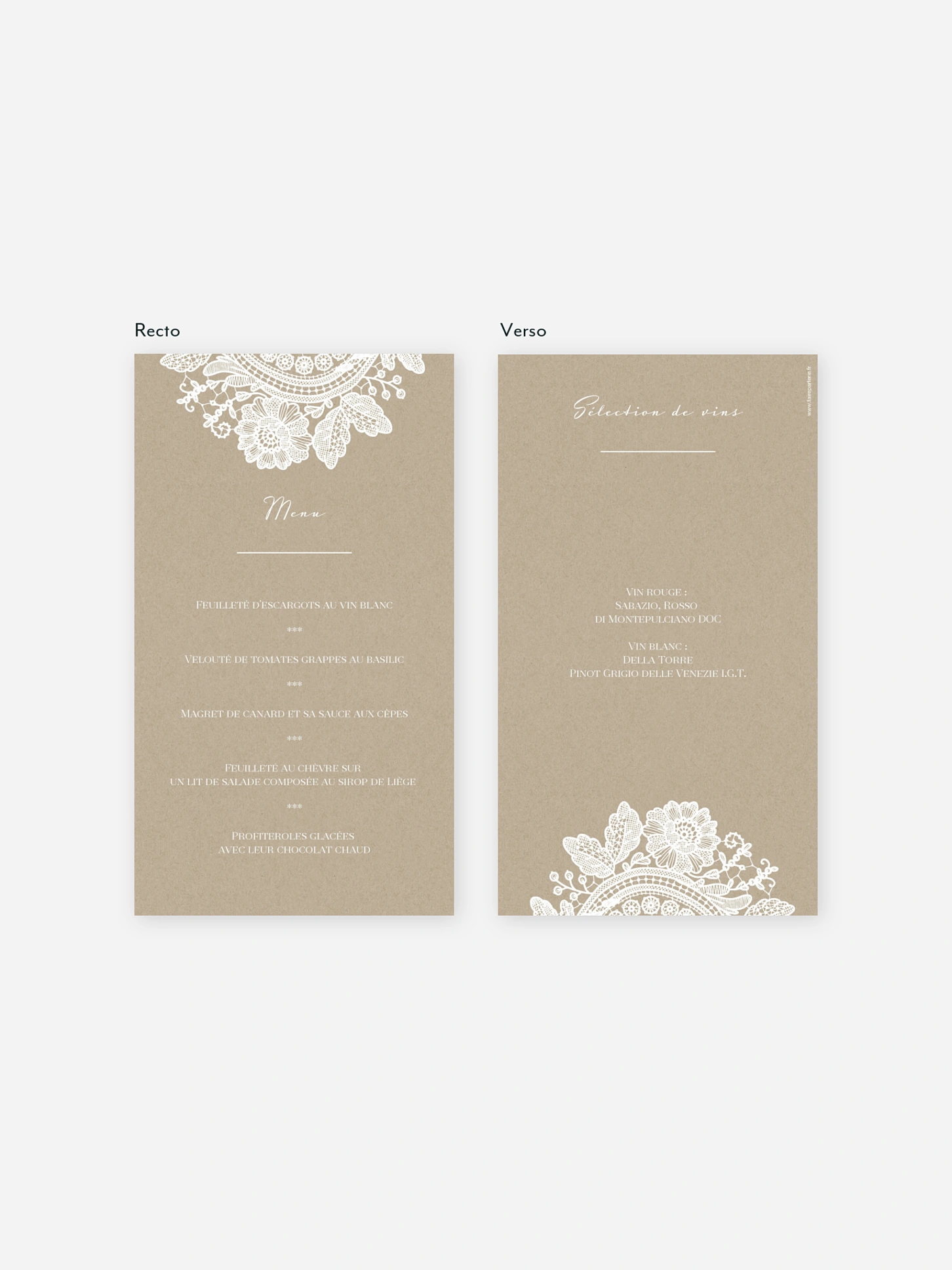 Menu mariage Dentelle vintage